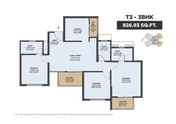 3BHK - 968 SQ.FT. floor plan